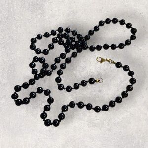 Vintage Monet Black Glass Bead Necklace Signed 26" Hand Knotted Classic Beads